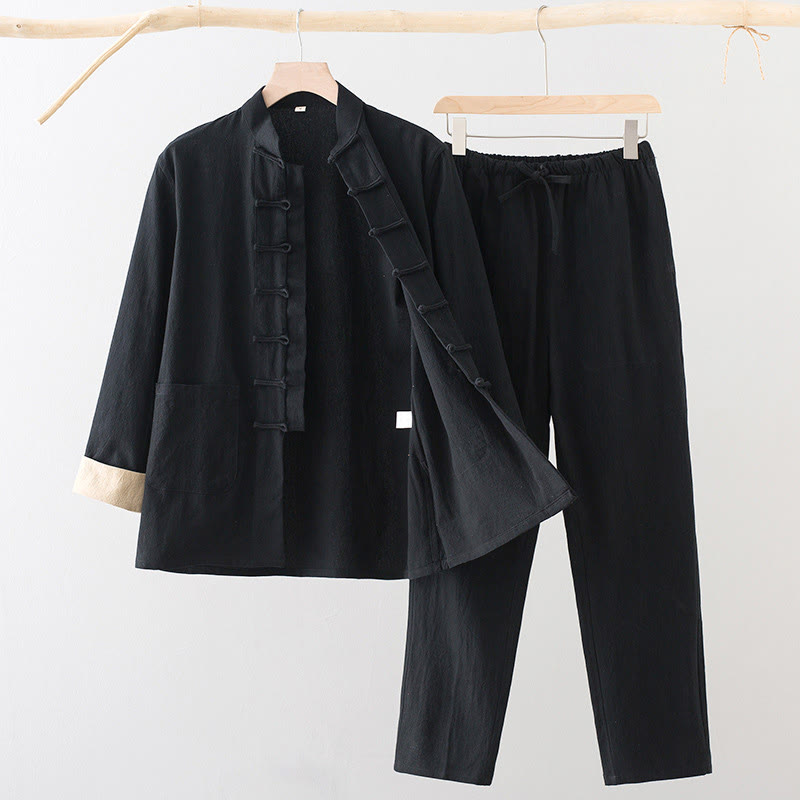 Buddha Stones 2Pcs Tang Suit Men's Frog-Button Cotton Linen Long Sleeve Shirt Pants Set With Pockets - Black - US/UK/AU44，EU54 (4XL) - image 1