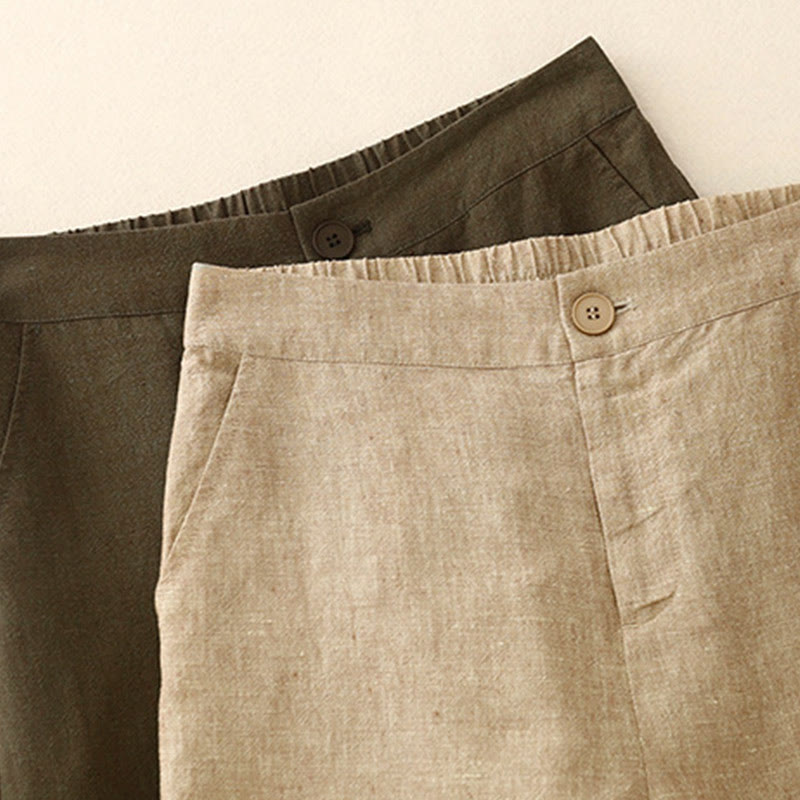 Buddha Stones Casual Plain Women's Cotton Linen Elastic Waist  Wide Leg Pants With Pockets - image 12