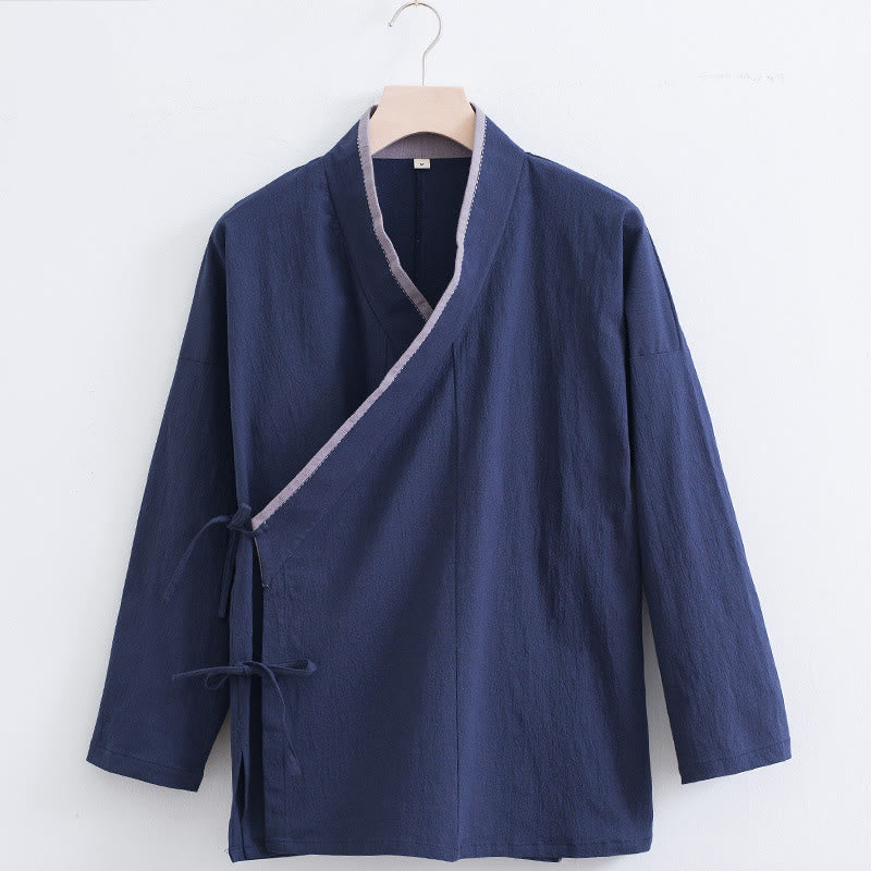 Buddha Stones Vintage Solid Long Sleeve Lace-up Design Cotton Linen Men's Shirt - SteelBlue - US/UK/AU44，EU54 (4XL) - image 10