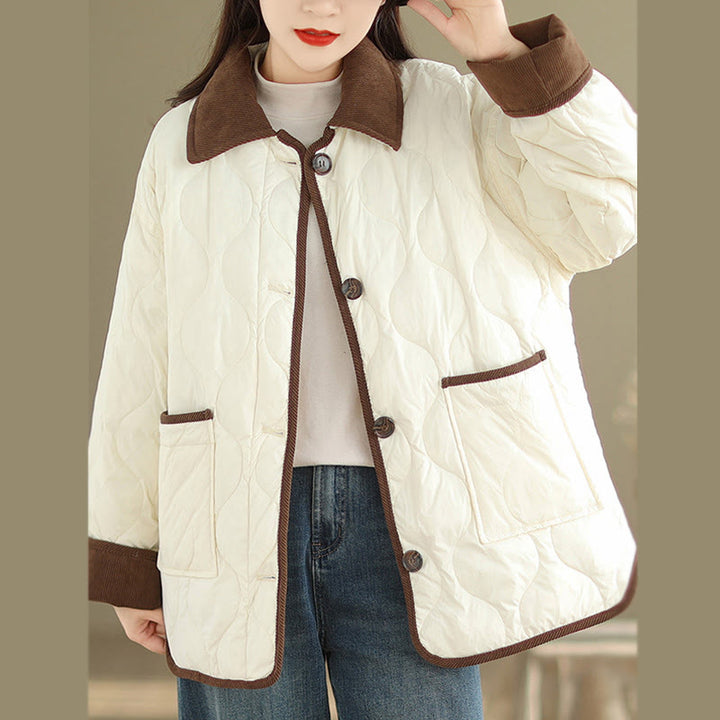 Buddha Stones Contrasting Color Lapel Women's Long Sleeve Cotton Jacket With Pockets - image 3
