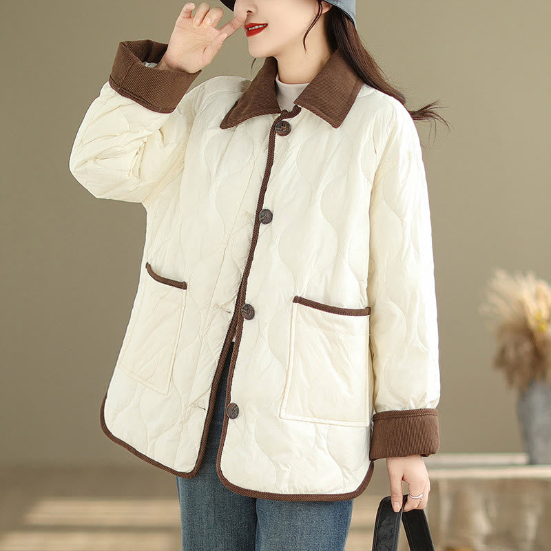 Buddha Stones Contrasting Color Lapel Women's Long Sleeve Cotton Jacket With Pockets - image 2
