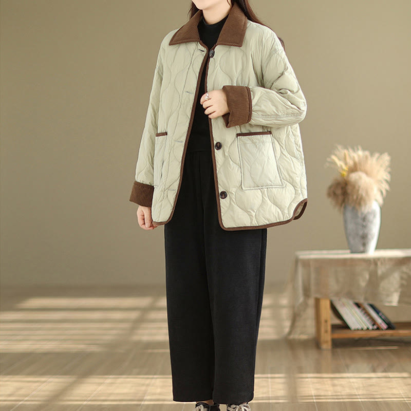 Buddha Stones Contrasting Color Lapel Women's Long Sleeve Cotton Jacket With Pockets - image 18