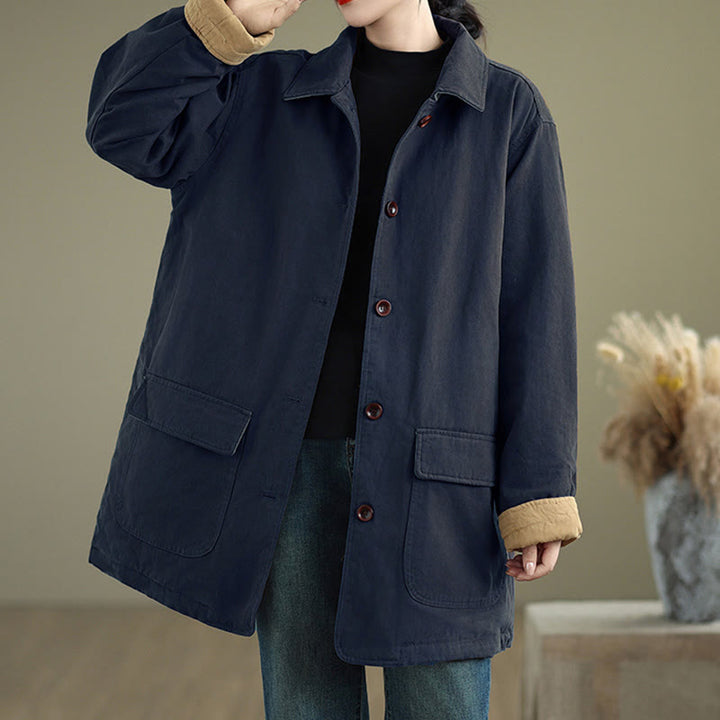 Buddha Stones Plain Lapel Buttons Design Women's Long Sleeve Quilted Cotton Jacket With Pockets - MidnightBlue - US12，UK/AU16，EU44 (XL) - image 12