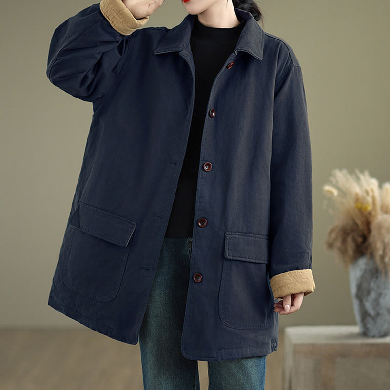 Buddha Stones Plain Lapel Buttons Design Women's Long Sleeve Quilted Cotton Jacket With Pockets - MidnightBlue - US12，UK/AU16，EU44 (XL) - image 12
