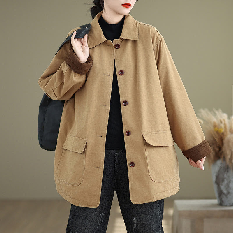 Buddha Stones Plain Lapel Buttons Design Women's Long Sleeve Quilted Cotton Jacket With Pockets - Moccasin - US12，UK/AU16，EU44 (XL) - image 0