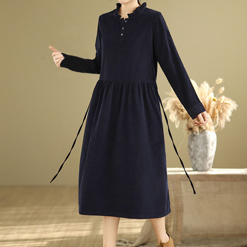 Buddha Stones Lace-Up Design Ruffled Crew Neck Cotton Corduroy Long Sleeve Midi Dress With Pockets - MidnightBlue - US12，UK/AU16，EU44 (2XL) - image 0