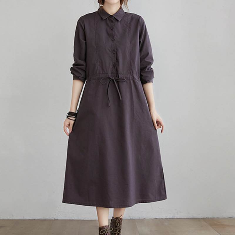 Buddha Stones Fall Solid Color Lace-Up Design Lapel Long Sleeve Cotton Midi Dress With Pockets - RosyBrown - US8-10，UK/AU12-14，EU40-42 (2XL) - image 5