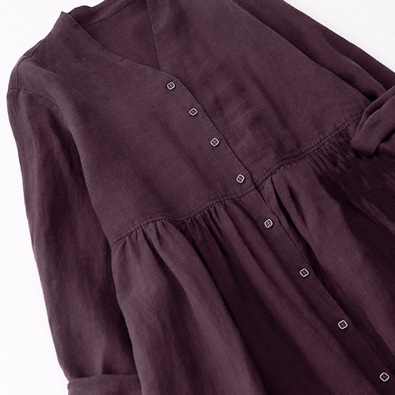 Buddha Stones Fall DarkMagenta V-Neck Buttons Design Cotton Long Sleeve Midi Dress - image 3