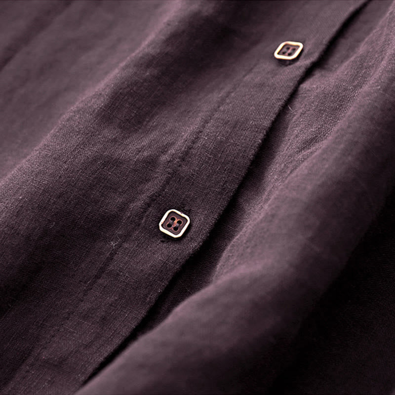 Buddha Stones Fall DarkMagenta V-Neck Buttons Design Cotton Long Sleeve Midi Dress - image 5