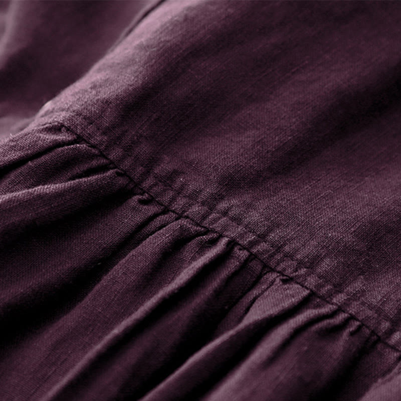 Buddha Stones Fall DarkMagenta V-Neck Buttons Design Cotton Long Sleeve Midi Dress - image 7