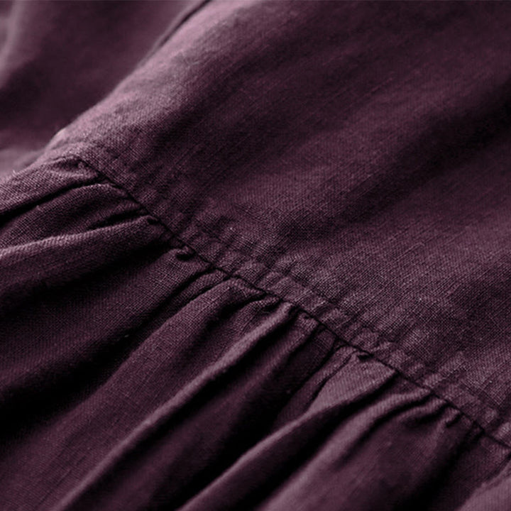 Buddha Stones Fall DarkMagenta V-Neck Buttons Design Cotton Long Sleeve Midi Dress - image 7