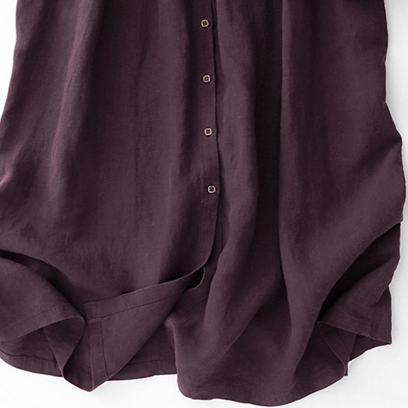 Buddha Stones Fall DarkMagenta V-Neck Buttons Design Cotton Long Sleeve Midi Dress - image 9