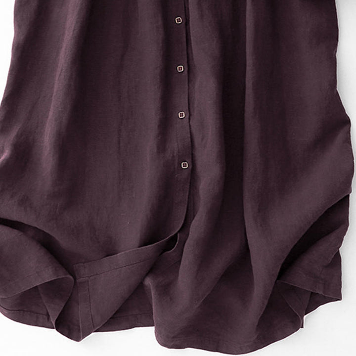 Buddha Stones Fall DarkMagenta V-Neck Buttons Design Cotton Long Sleeve Midi Dress - image 9