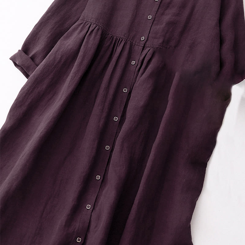 Buddha Stones Fall DarkMagenta V-Neck Buttons Design Cotton Long Sleeve Midi Dress - image 4