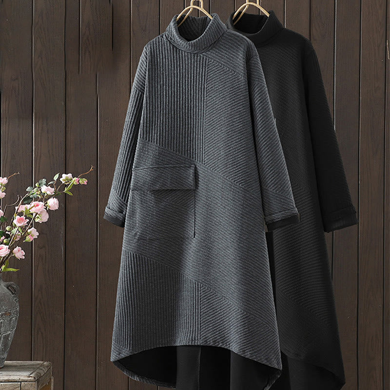 Buddha Stones Pure Color Irregular Design Cotton Turtleneck Long Sleeve Midi Dress With Pocket - image 17