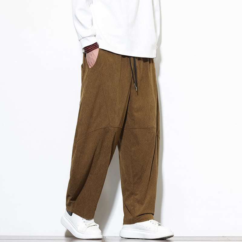 Buddha Stones Drawstring Solid Color Tapered Design Cotton Corduroy Men's Harem Pants With Pockets - image 35