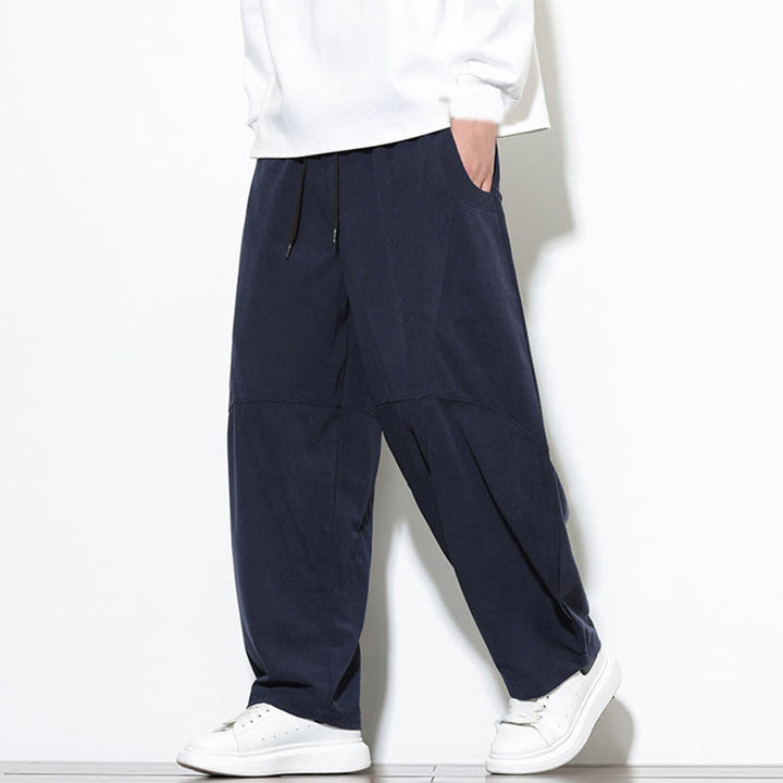 Buddha Stones Drawstring Solid Color Tapered Design Cotton Corduroy Men's Harem Pants With Pockets - image 3