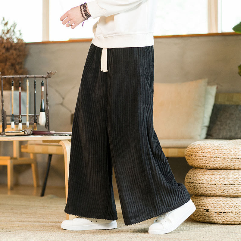 Buddha Stones Commute Plain Drawstring Men's Wide Leg Cotton Corduroy Pants With Pockets - image 4