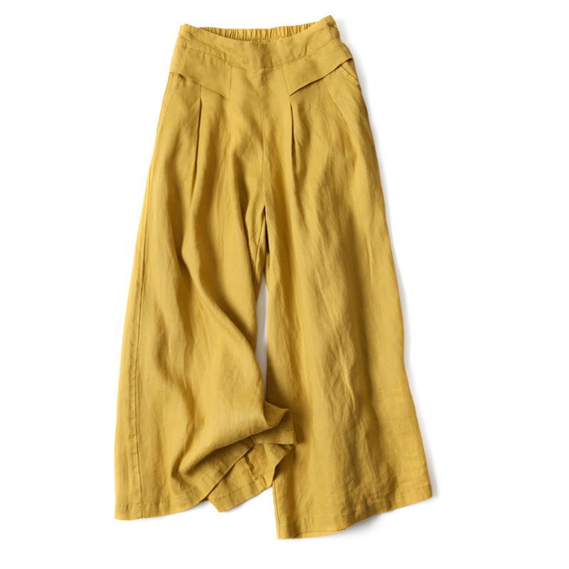 Buddha Stones Plain Color Cotton Linen High Waist Wide Leg Pants With Pockets - Yellow - US16，UK/AU20，EU48 (3XL) - image 0
