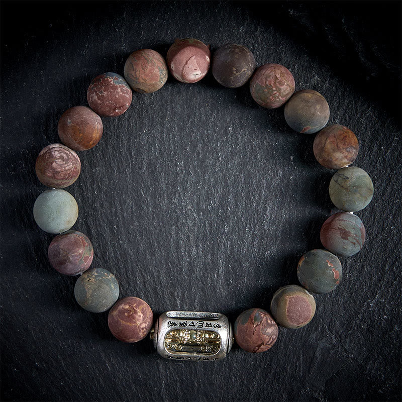 Buddha Stones Natural Picasso Jasper Om Mani Padme Hum Energy Bracelet - 20cm - image 0