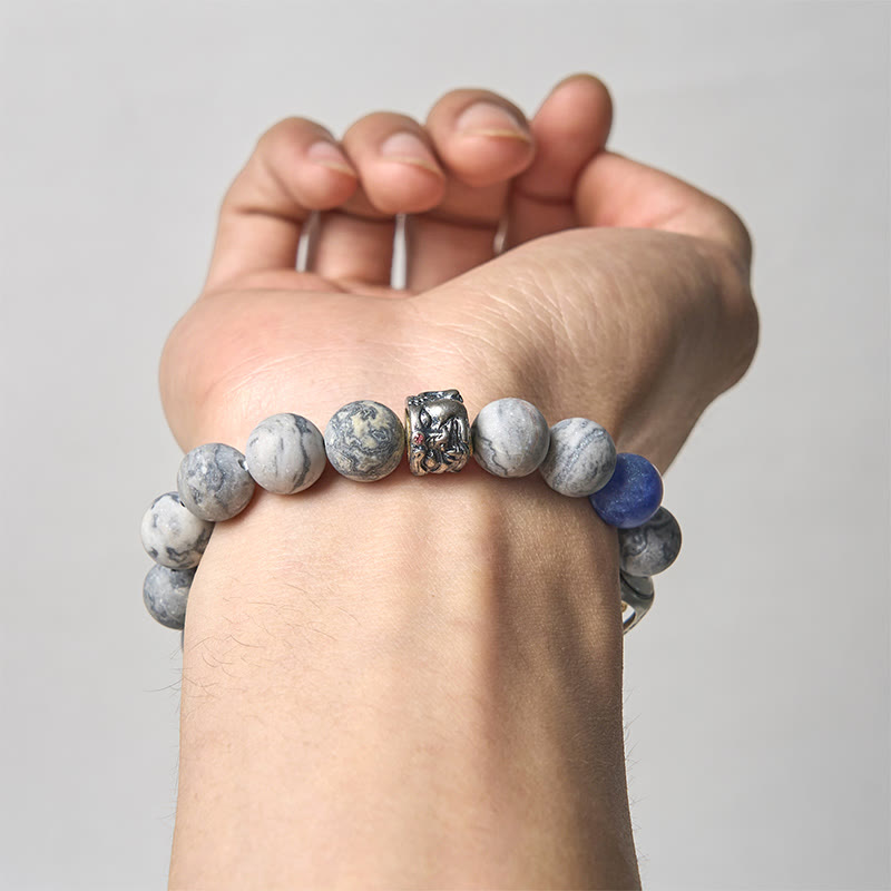 Buddha Stones Natural Grey Jasper Sodalite Om Mani Padme Hum Buddha Face Healing Bracelet - image 3