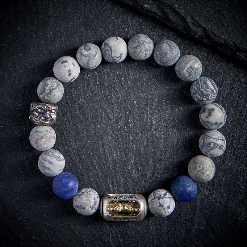 Buddha Stones Natural Grey Jasper Sodalite Om Mani Padme Hum Buddha Face Healing Bracelet - 20cm - image 0