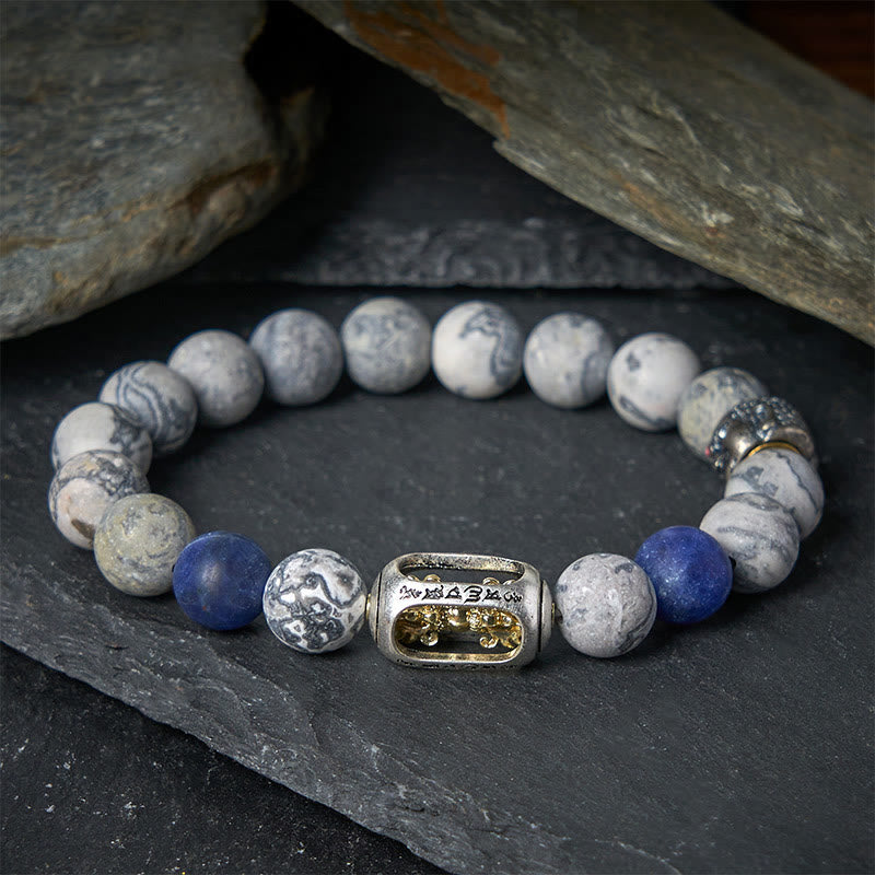Buddha Stones Natural Grey Jasper Sodalite Om Mani Padme Hum Buddha Face Healing Bracelet - image 1