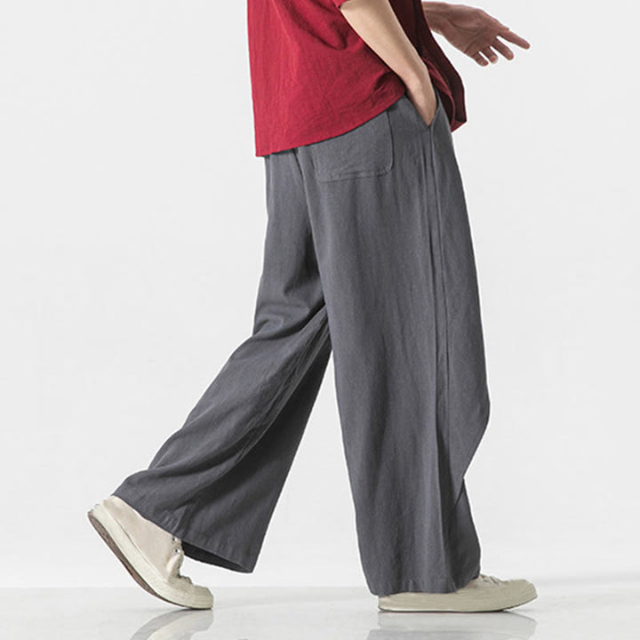 Buddha Stones Asymmetrical Patched Design Plain Men's Cotton Pants With Pockets - image 4