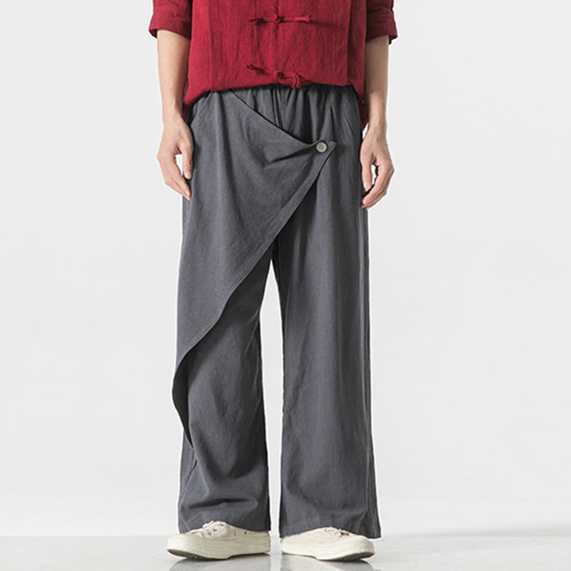 Buddha Stones Asymmetrical Patched Design Plain Men's Cotton Pants With Pockets - image 6