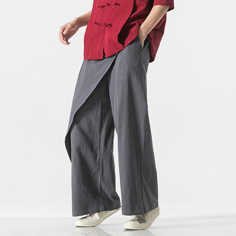 Buddha Stones Asymmetrical Patched Design Plain Men's Cotton Pants With Pockets - image 2