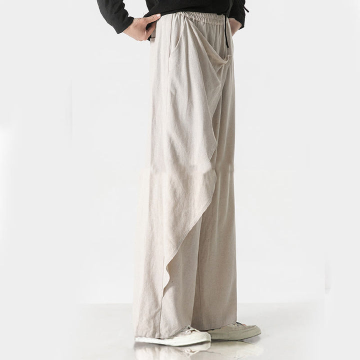 Buddha Stones Asymmetrical Patched Design Plain Men's Cotton Pants With Pockets - image 29