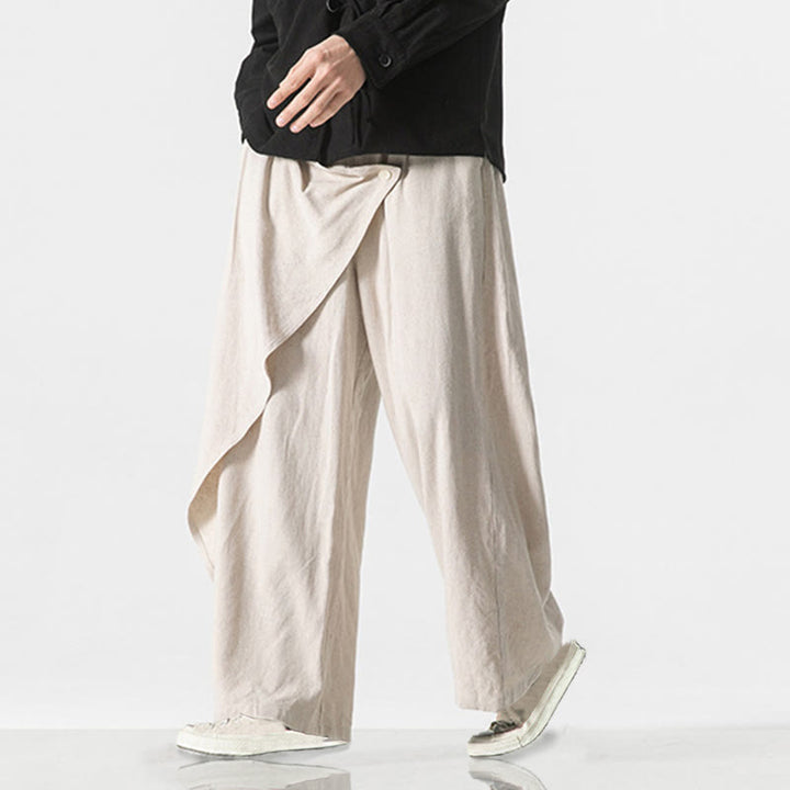 Buddha Stones Asymmetrical Patched Design Plain Men's Cotton Pants With Pockets - image 20