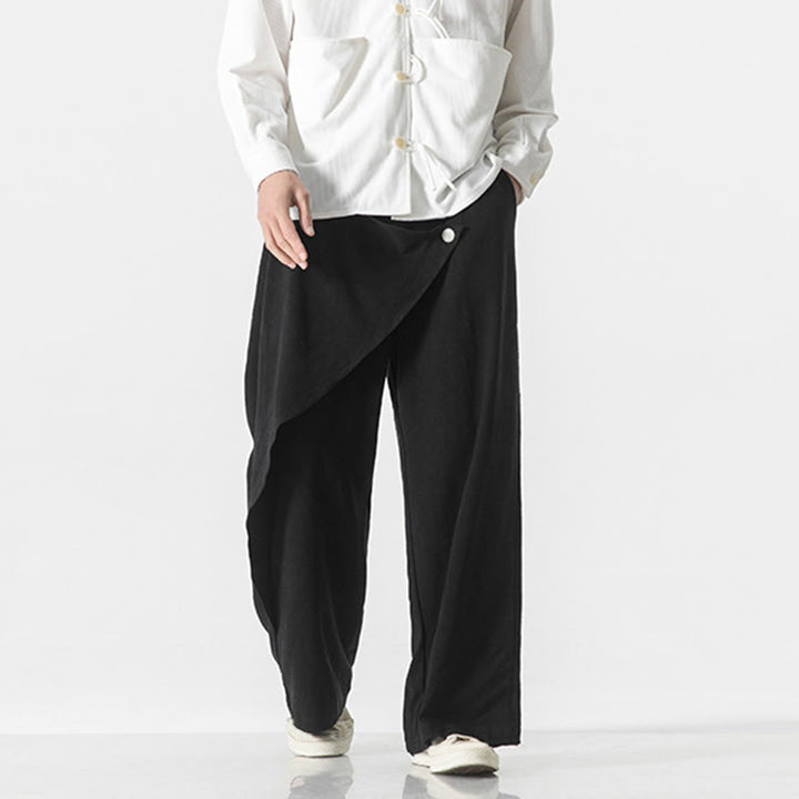 Buddha Stones Asymmetrical Patched Design Plain Men's Cotton Pants With Pockets - image 16