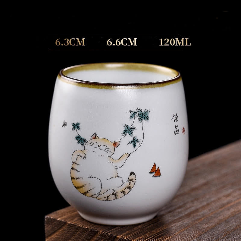 Buddha Stones Cute Lying Cat Branches Teacup Kung Fu Tea Cup - Lying Cat & Leaves 6.3cm*6.6cm*120ml - image 12