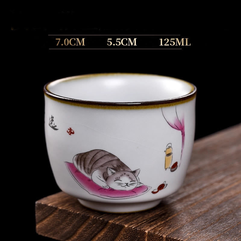 Buddha Stones Cute Lying Cat Branches Teacup Kung Fu Tea Cup - Lying Cat & Blanket 7cm*5.5cm*125ml - image 16