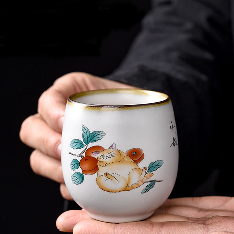 Buddha Stones Cute Lying Cat Branches Teacup Kung Fu Tea Cup With Gift Box - image 3