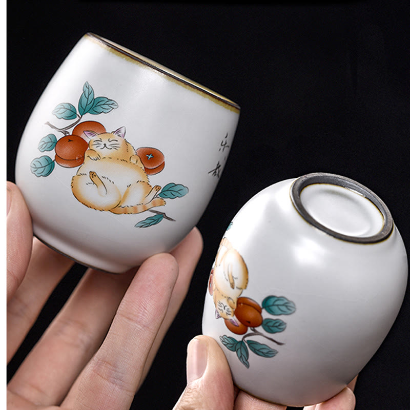 Buddha Stones Cute Lying Cat Branches Teacup Kung Fu Tea Cup With Gift Box - image 5