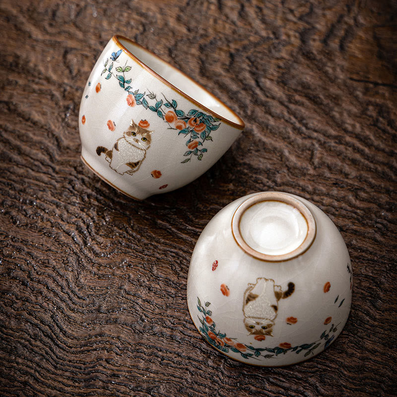 Buddha Stones Cute Cat Butterfly Teacup Kung Fu Tea Cup - Cat 2.36in*1.88in*2.37oz(6cm*4.8cm*70ml) - image 0