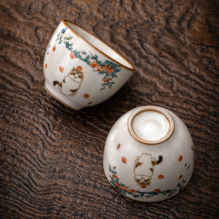 Buddha Stones Cute Cat Butterfly Teacup Kung Fu Tea Cup - Cat 2.36in*1.88in*2.37oz(6cm*4.8cm*70ml) - image 0
