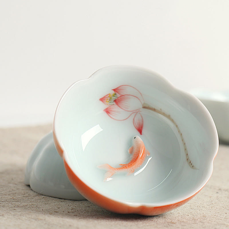 Buddha Stones Koi Fish Lotus Hand Teacup Kung Fu Tea Cup - Red Koi Fish & Red Lotus 8.8cm*3cm*3.5cm - image 0