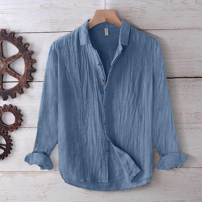 Buddha Stones Men's Shirt Solid Color Lapel Top Long Sleeve Comfy Button Crease Cotton Linen Shirt - CornflowerBlue - US/UK/AU50，EU60 (5XL) - image 0
