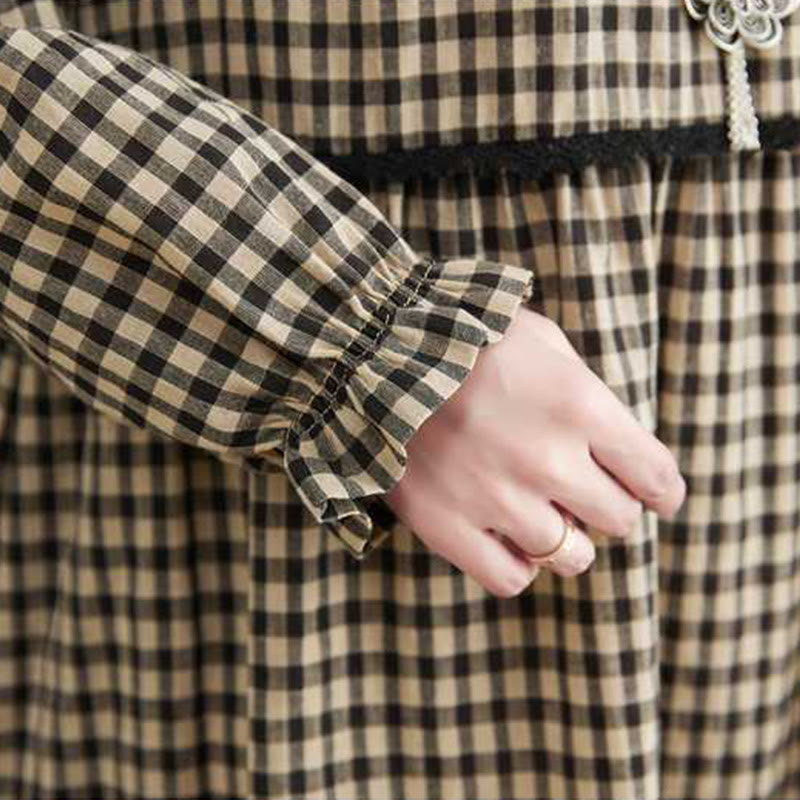 Buddha Stones Fall Plaid Pattern Ruffled Crew Neck Design Cotton Long Sleeve Midi Dress With Pockets - image 16