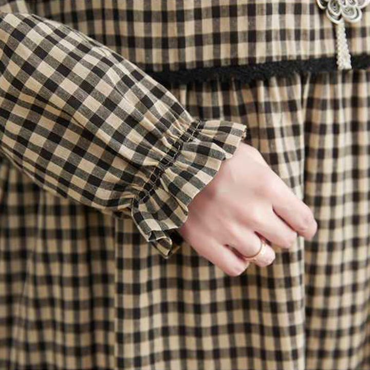 Buddha Stones Fall Plaid Pattern Ruffled Crew Neck Design Cotton Long Sleeve Midi Dress With Pockets - image 16