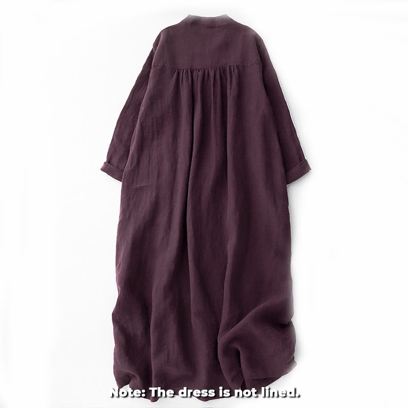 Buddha Stones Fall DarkMagenta V-Neck Buttons Design Cotton Long Sleeve Midi Dress - image 1