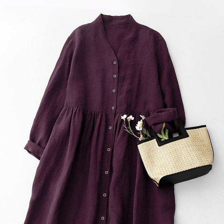 Buddha Stones Fall DarkMagenta V-Neck Buttons Design Cotton Long Sleeve Midi Dress - image 2