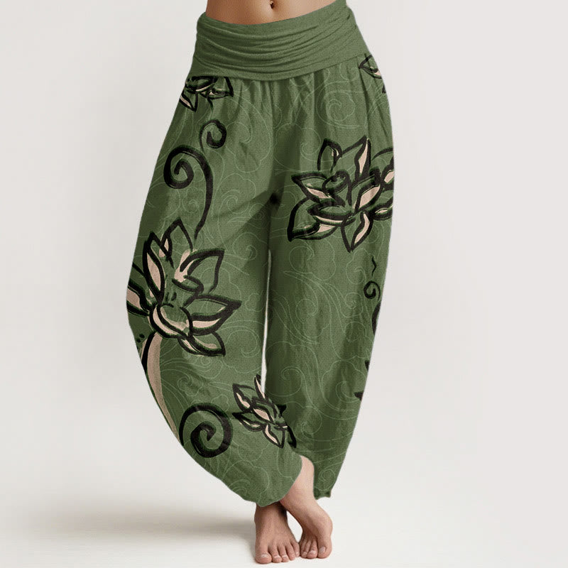 Buddha Stones Pure Cotton Casual Lotus Auspicious Clouds Design Women's Elastic Waist Harem Pants - MediumSeaGreen - US22，UK/AU26，EU54 (6XL) - image 0
