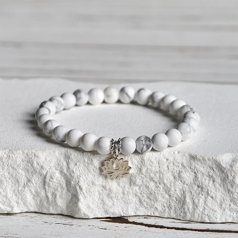 Buddha Stones 925 Sterling Silver Lotus Design Natural White Turquoise Wealth Bracelet - 20cm - 6mm - image 0
