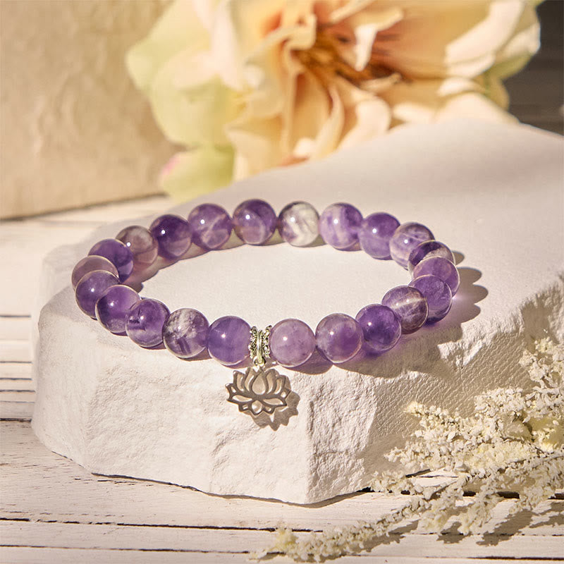 Buddha Stones 925 Sterling Silver Amethyst Lotus Design Natural Balance Bead Bracelet - image 1