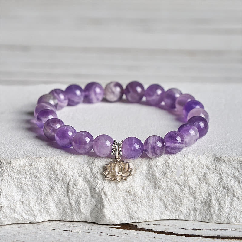 Buddha Stones 925 Sterling Silver Amethyst Lotus Design Natural Balance Bead Bracelet - 20cm - 8mm - image 0