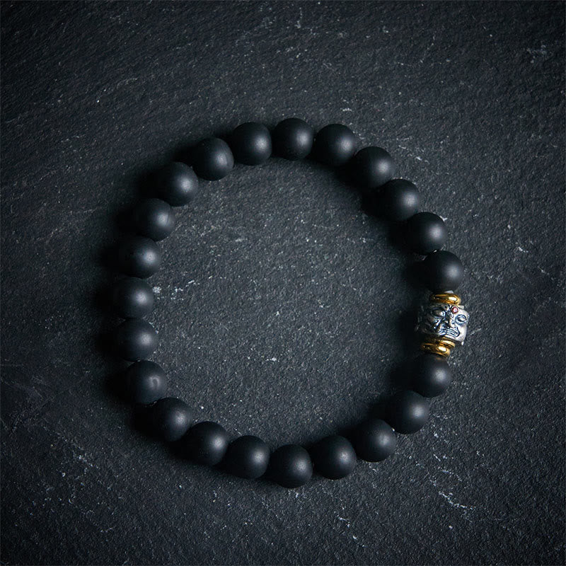 Buddha Stones Natural Frosted Black Onyx Buddha Face Support Bracelet - 20cm - image 0